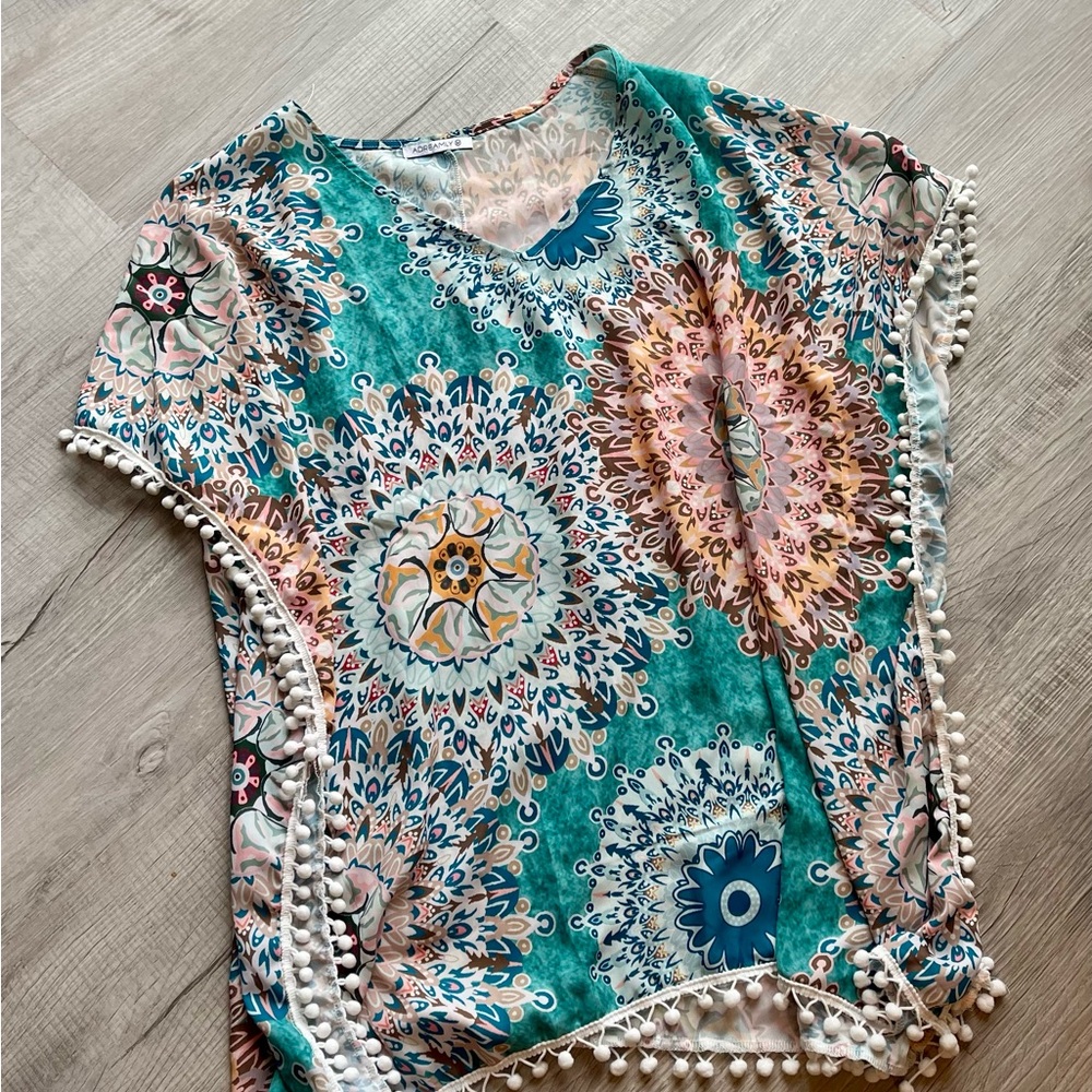 Bohemian Print Women's Top with Pom-Pom Trim
